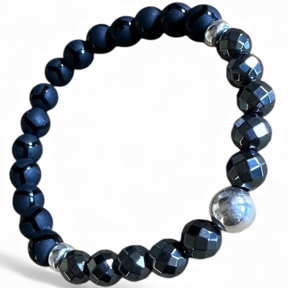 Matte Onyx & Hematite Beaded Bracelet | Sterling Silver Accents | 8mm